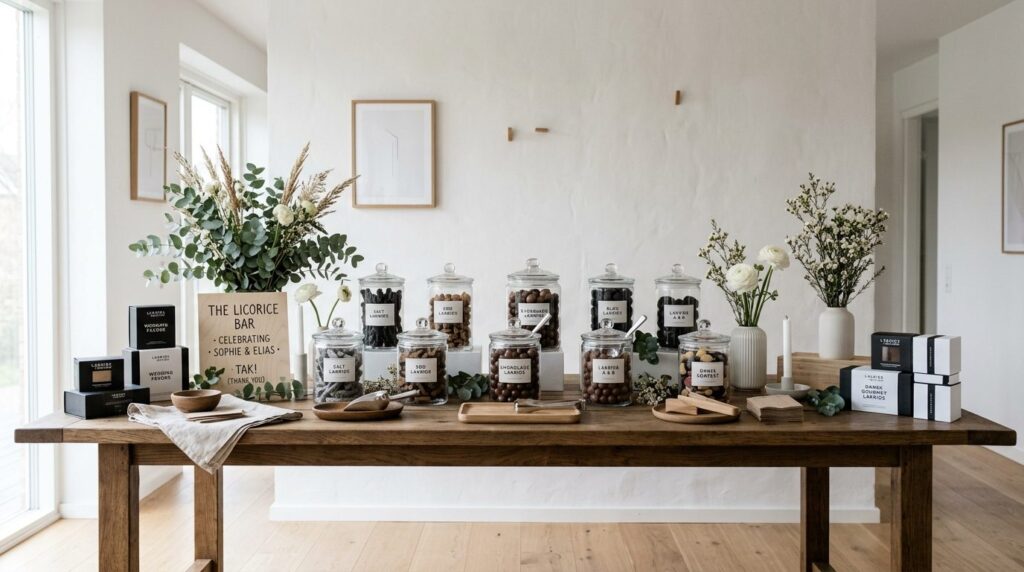 Wide shot of a beautifully styled home candy bar table for a
