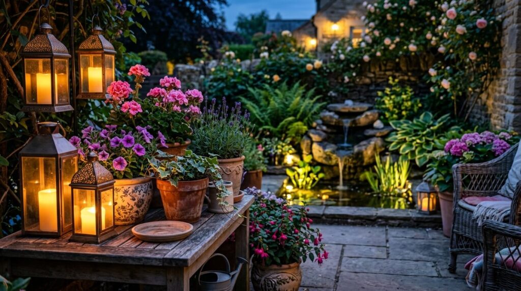 Close-up of a cozy garden terrace with decorative lanterns c