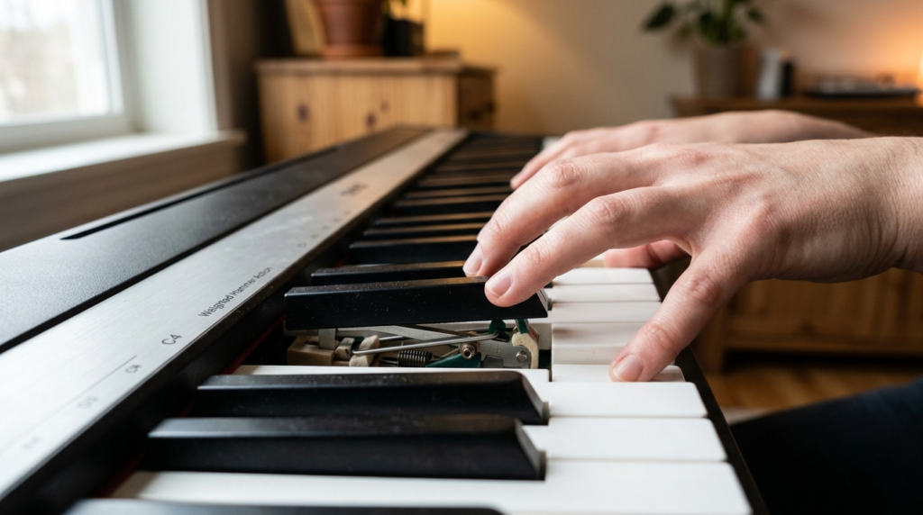 Close-up detail shot of weighted piano keys on a modern digi