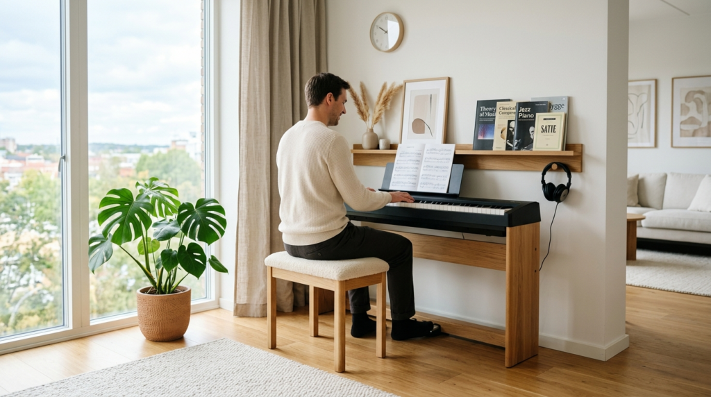 A bright, minimalist home music corner in a modern apartment