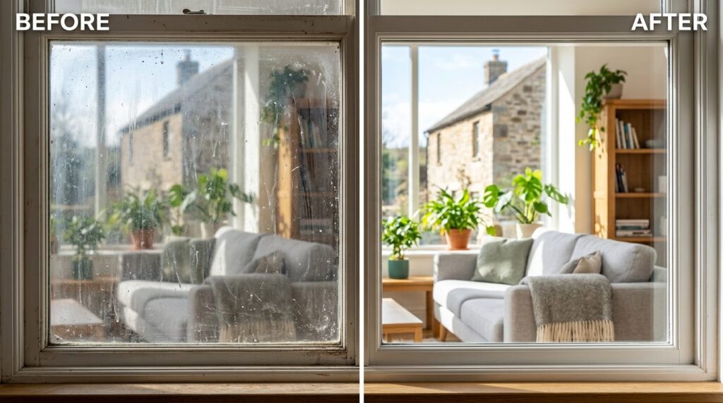 Before and after split-screen comparison of a window: left s