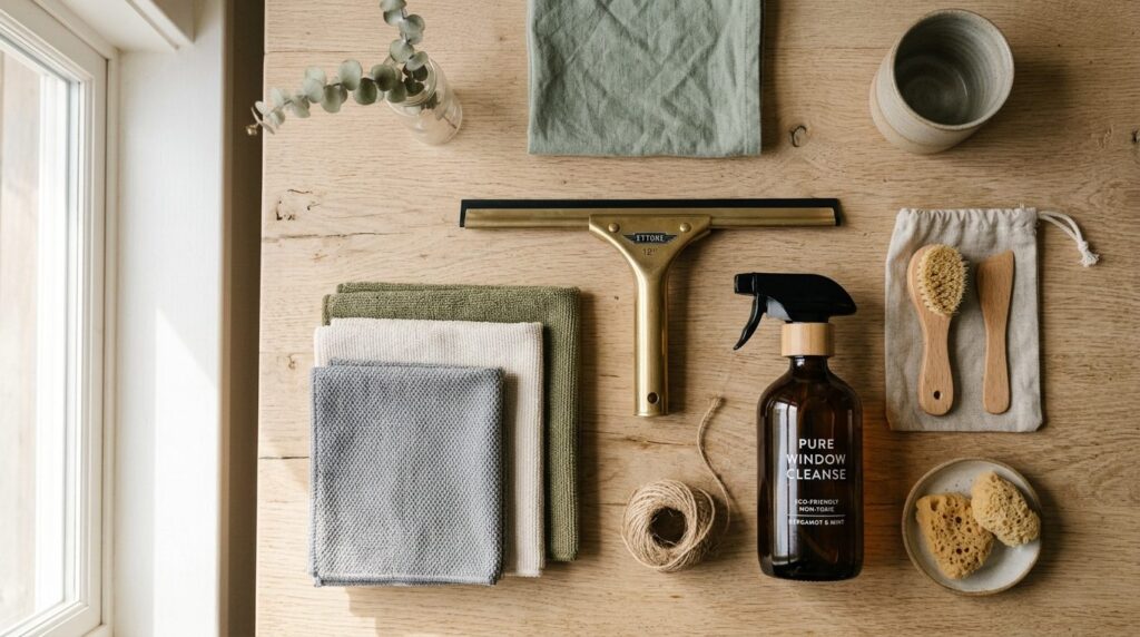 Flat lay overhead shot of professional window cleaning suppl