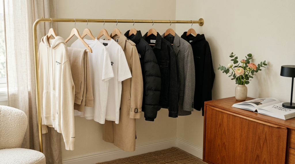 Close-up detail shot of a luxury streetwear capsule wardrobe