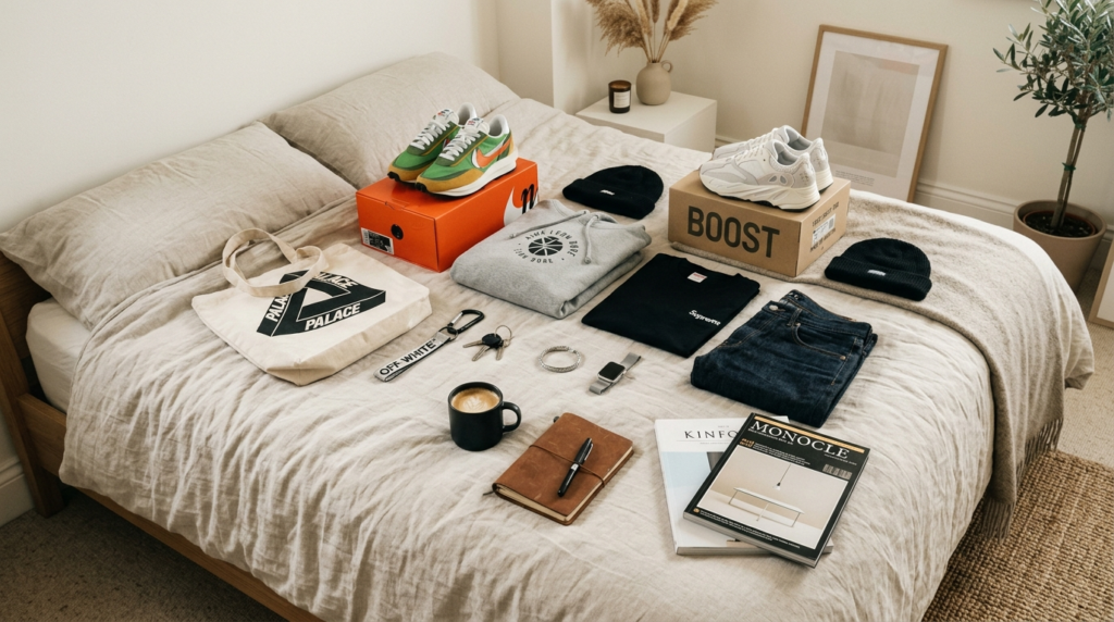 Overhead flat lay composition of a curated streetwear collec