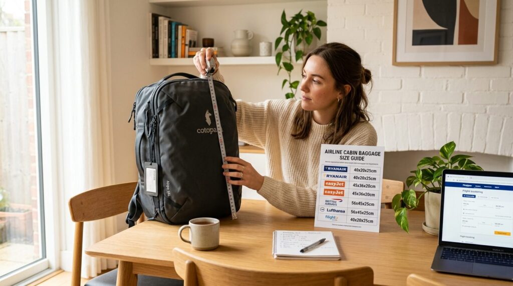Photorealistic image of a woman at home studying a compact t
