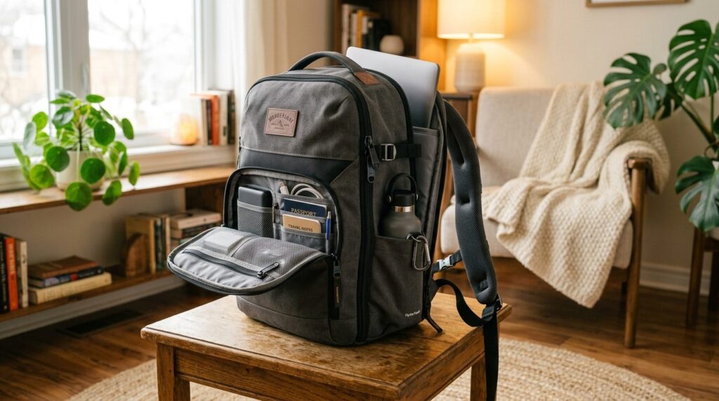 Photorealistic close-up of a functional travel backpack disp