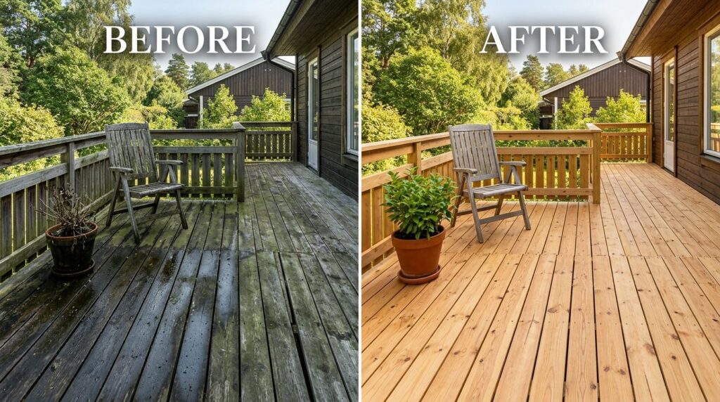 Before and after split-screen image of a Scandinavian wooden
