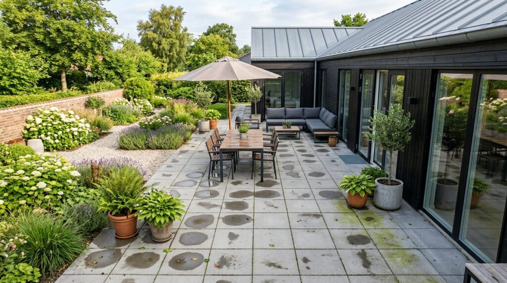 Overhead wide-angle view of a modern Danish patio made of li