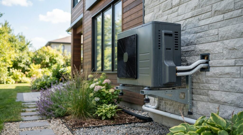 Close-up of a sleek air-to-water heat pump unit installed on