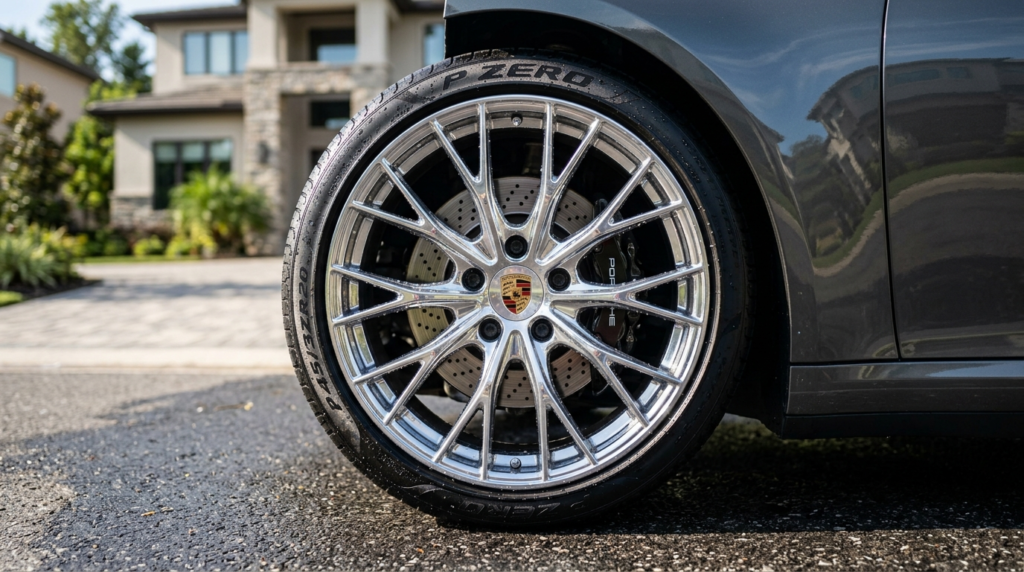 Close-up detailed shot of a pristine car wheel and tire, sho