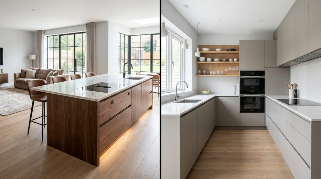 Split-screen interior design comparison, left side showing s