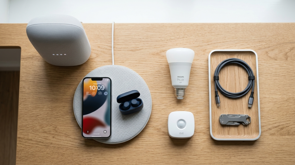 Close-up flat lay photography of carefully curated smart hom