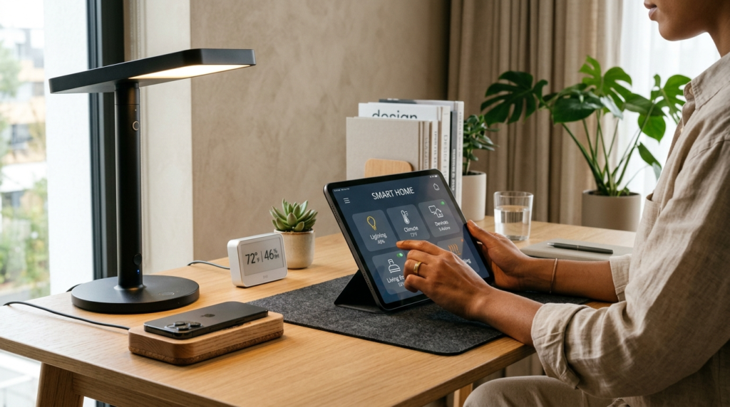 Modern home office workspace photograph showing a persons h