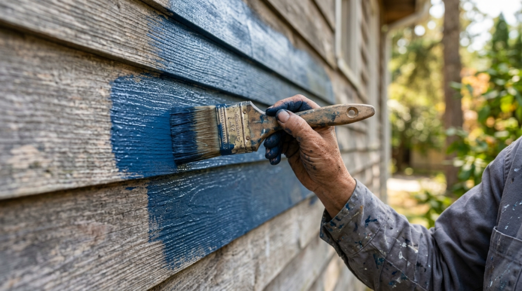 Close-up detail of professional exterior house painting: ski