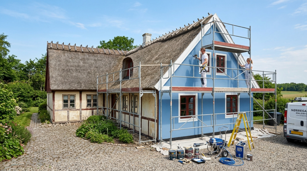 Wide shot of a traditional Danish home exterior during renov