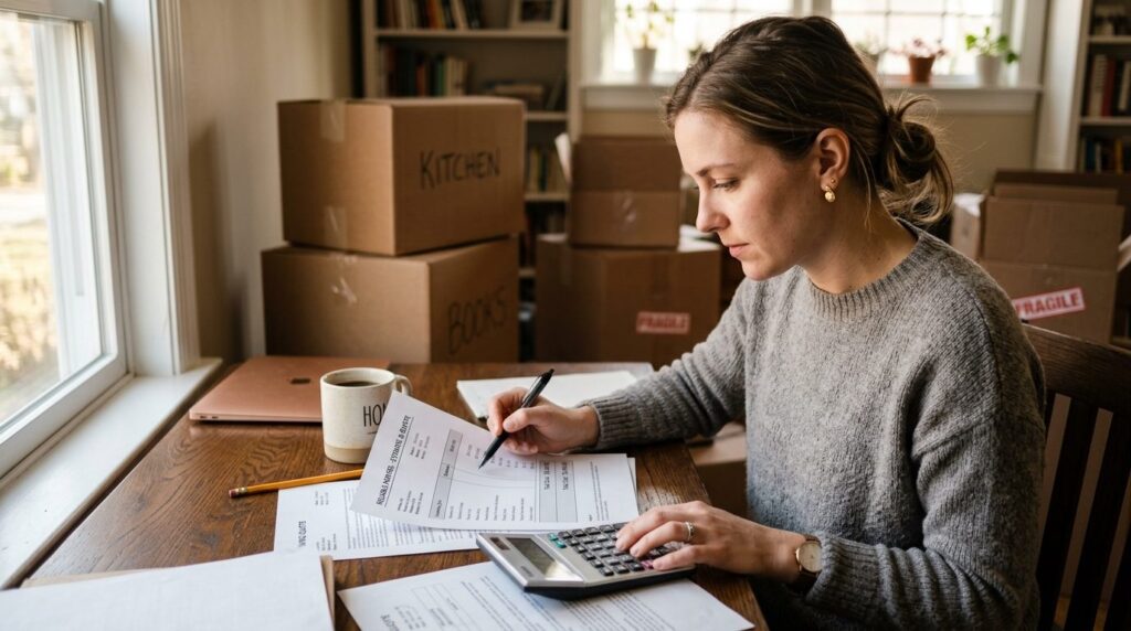 Close-up photograph of a female homeowner reviewing moving q