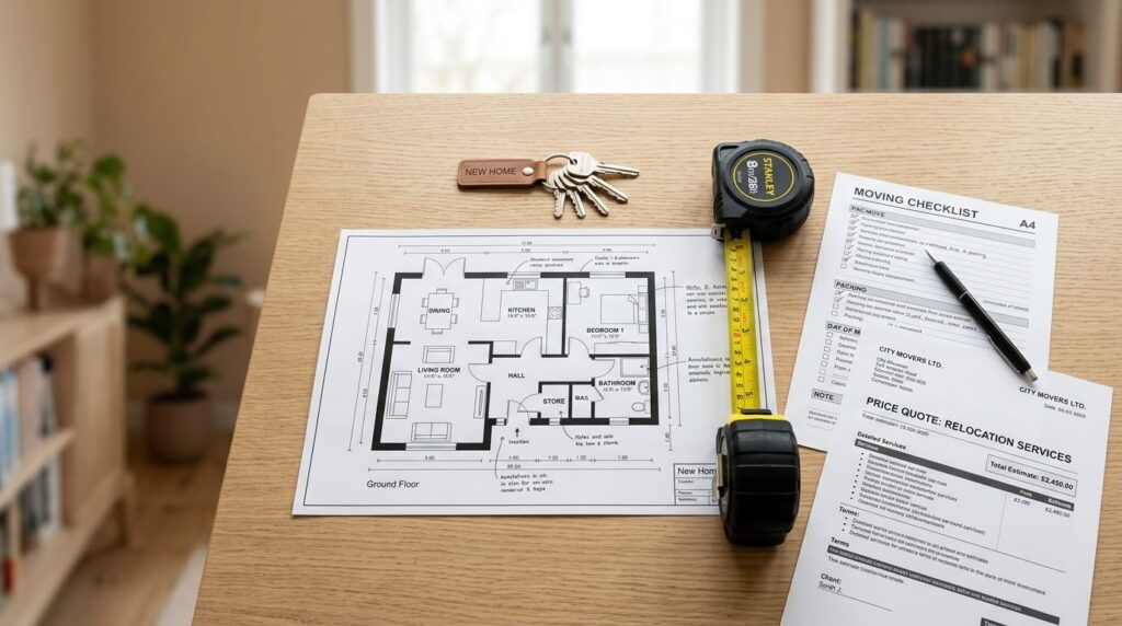 Overhead flat-lay photograph of moving house planning items: