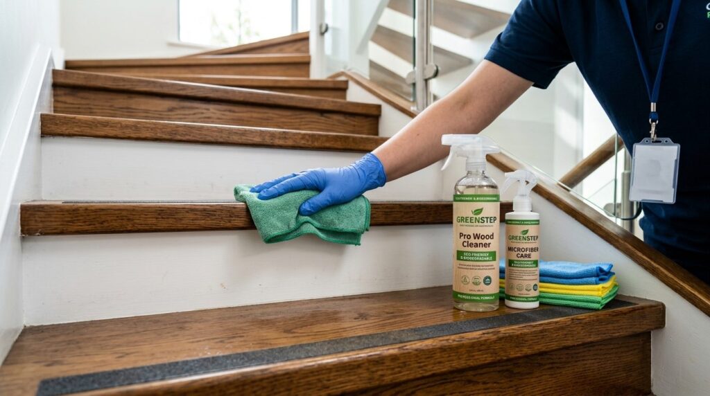 Close-up of a professional staircase cleaning in progress sh