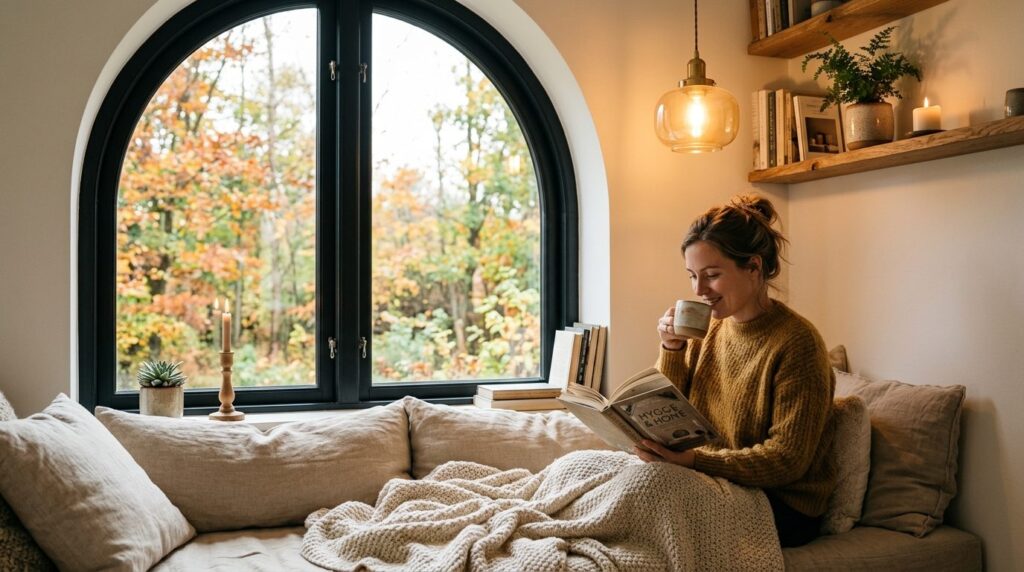 Close-up interior lifestyle shot of a bright, hygge-filled l