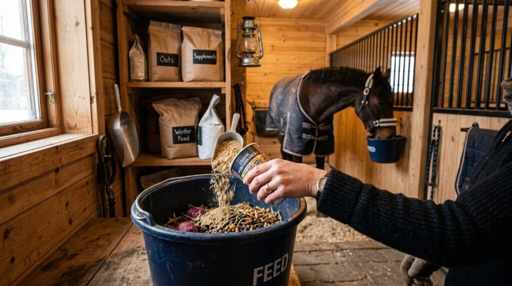 Photorealistic image of a horse owners hand holding nutriti
