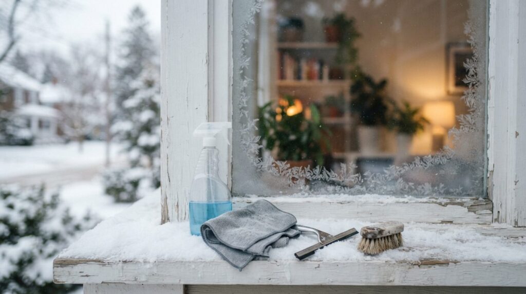 Close-up of professional window cleaning equipment and suppl