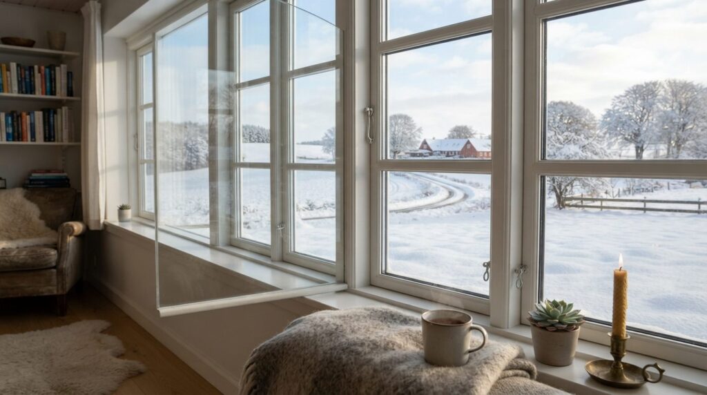Bright winter morning scene showing sparkling clean windows
