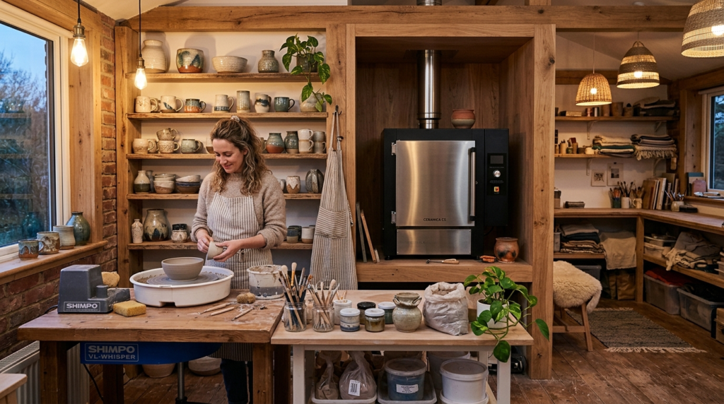Cozy home pottery studio with a sleek ceramic kiln integrate