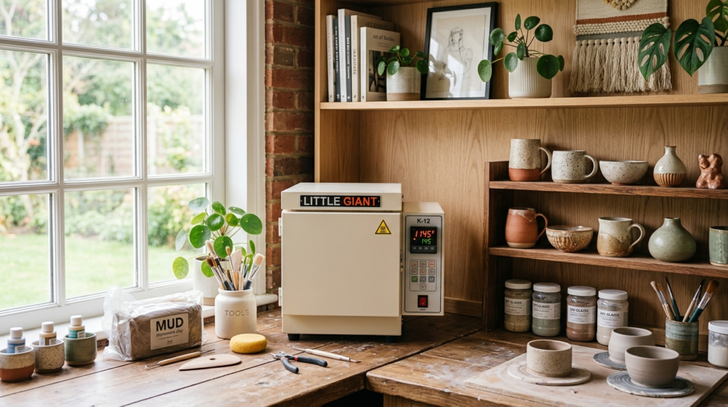 Detail shot of a compact ceramic kiln in a contemporary home