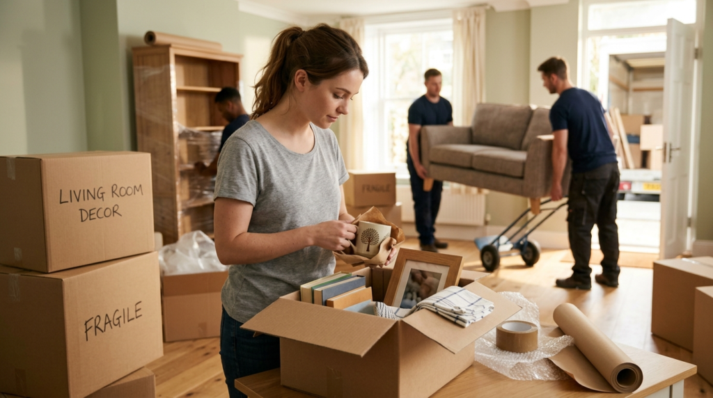 Close-up of a young homeowner packing personal items and dec