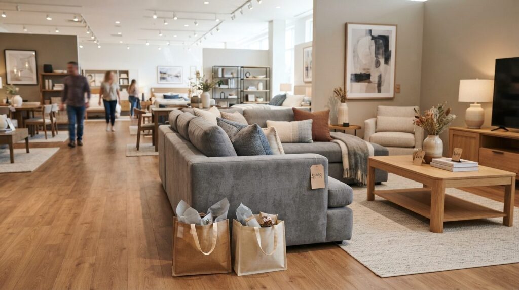 Professional stock photo, 16:9 ratio, modern furniture showr