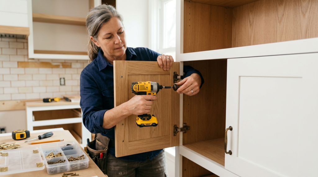 Close-up detail of new kitchen cabinet fronts being installe
