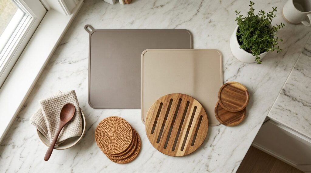 Flat lay overhead shot of protective kitchen items on a marb