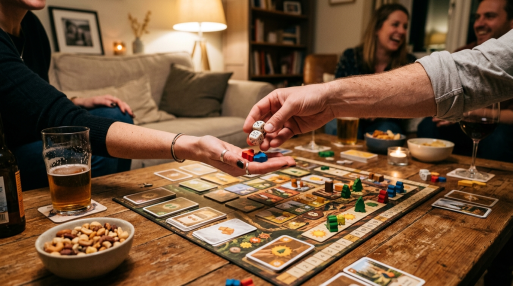 Close-up of hands passing dice and game pieces on a table du