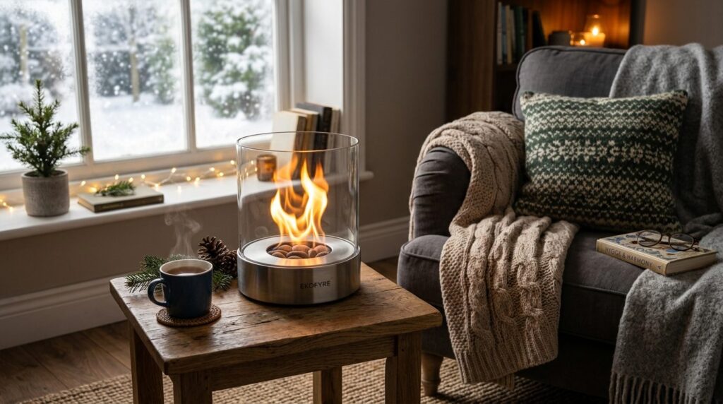 Close-up of a portable bio-ethanol fireplace with realistic
