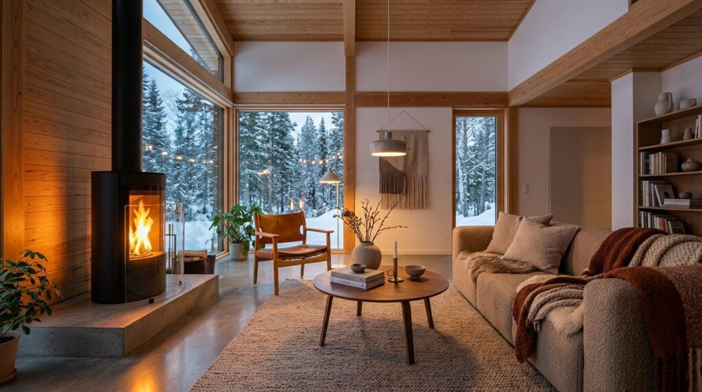 Modern scandinavian winterhouse interior with a freestanding