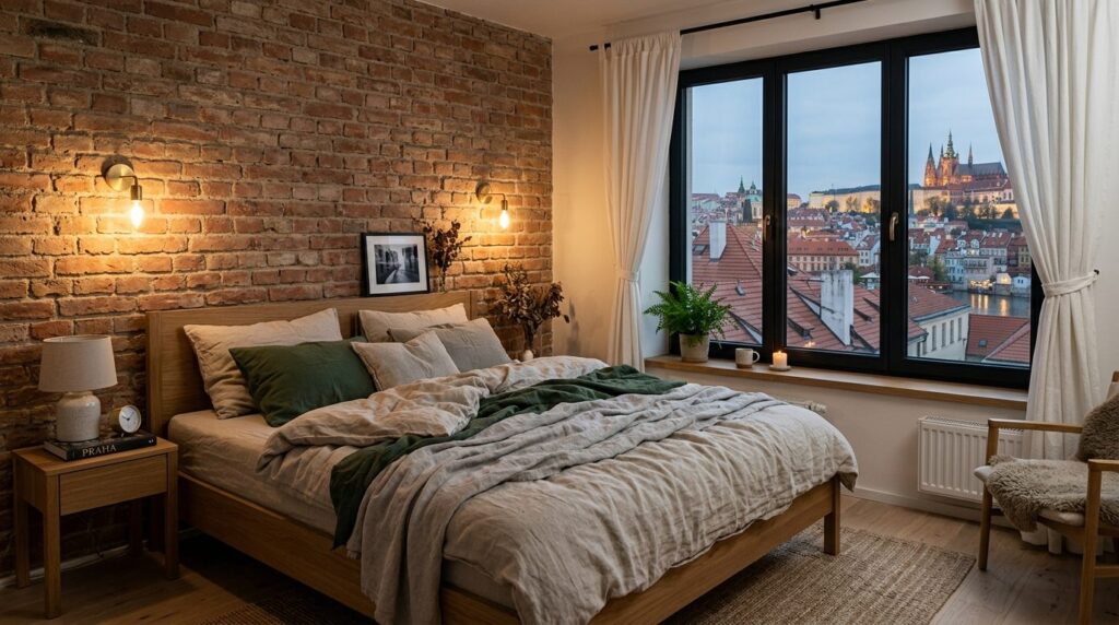 Intimate Prague apartment bedroom with minimalist Scandinavi
