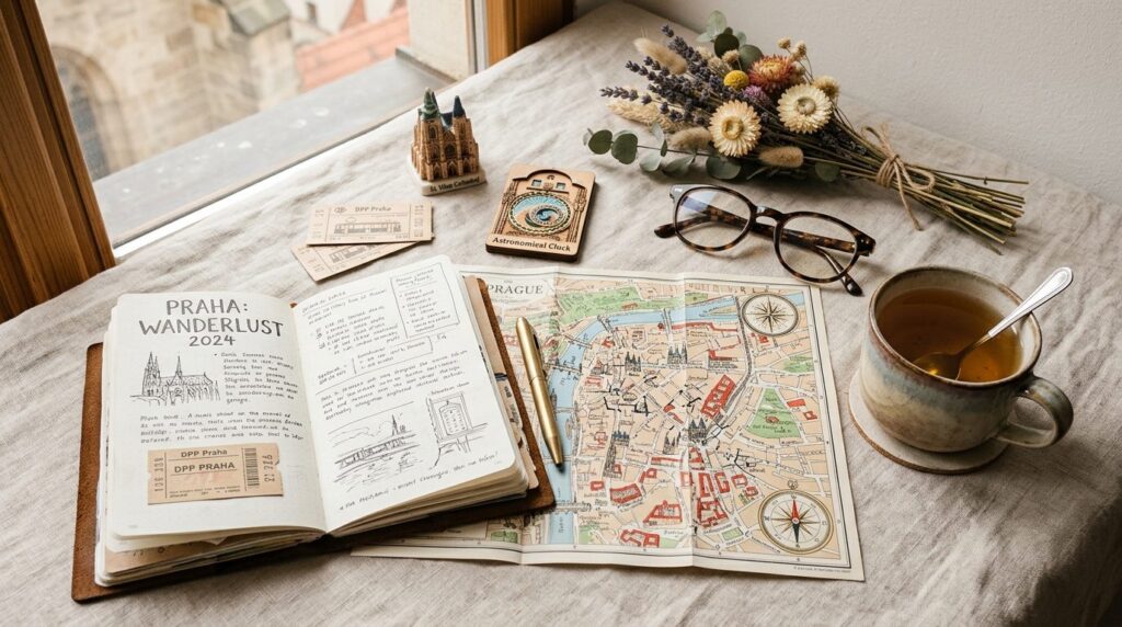 Stylish Prague travel planning scene: flat lay of travel jou