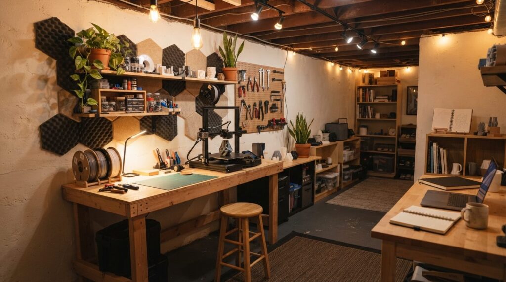 High-quality interior shot of a creative workspace in a base