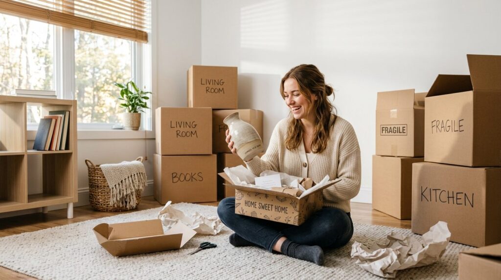 Cozy modern living room interior with a young woman unpackin