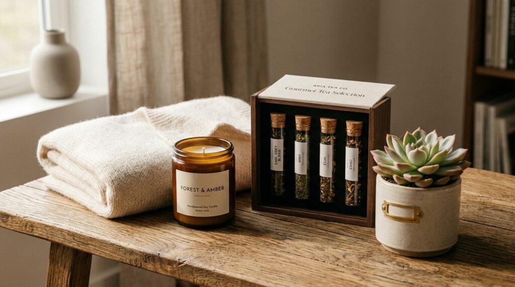 Close-up detail shot of luxury housewarming gift items arran