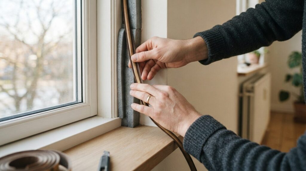Close-up of person installing weather stripping and foam ins