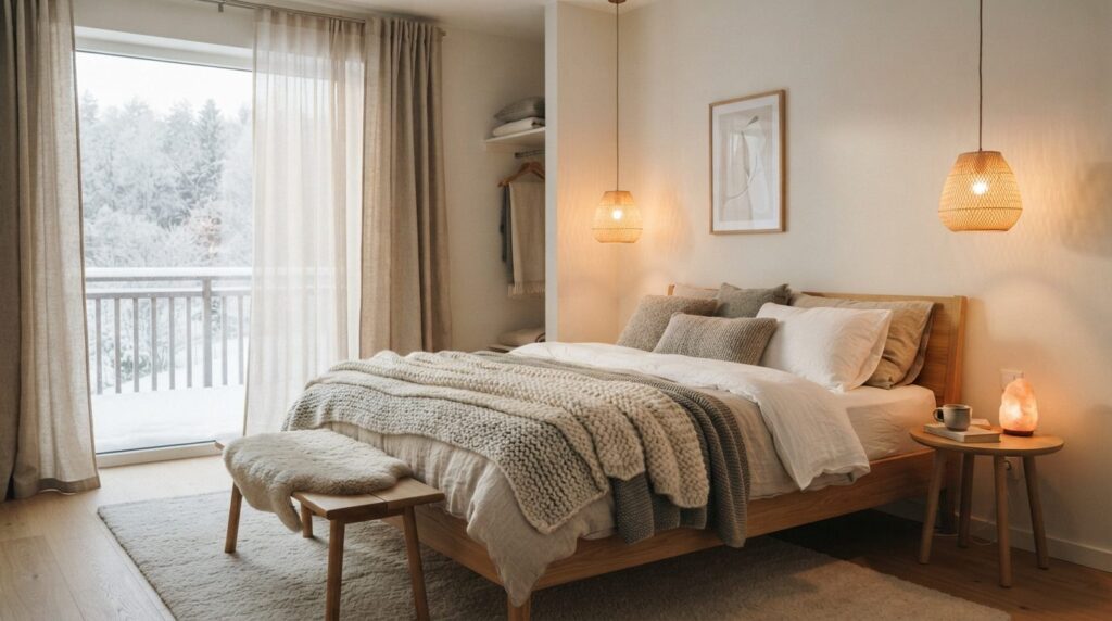 Scandinavian bedroom with energy-efficient thermal window co