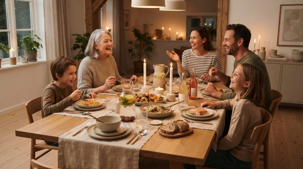 Scandinavian dining table set for a family dinner party, foc