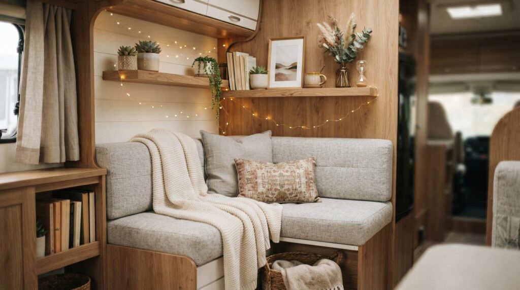 Close-up of a thoughtfully decorated motorhome corner featur