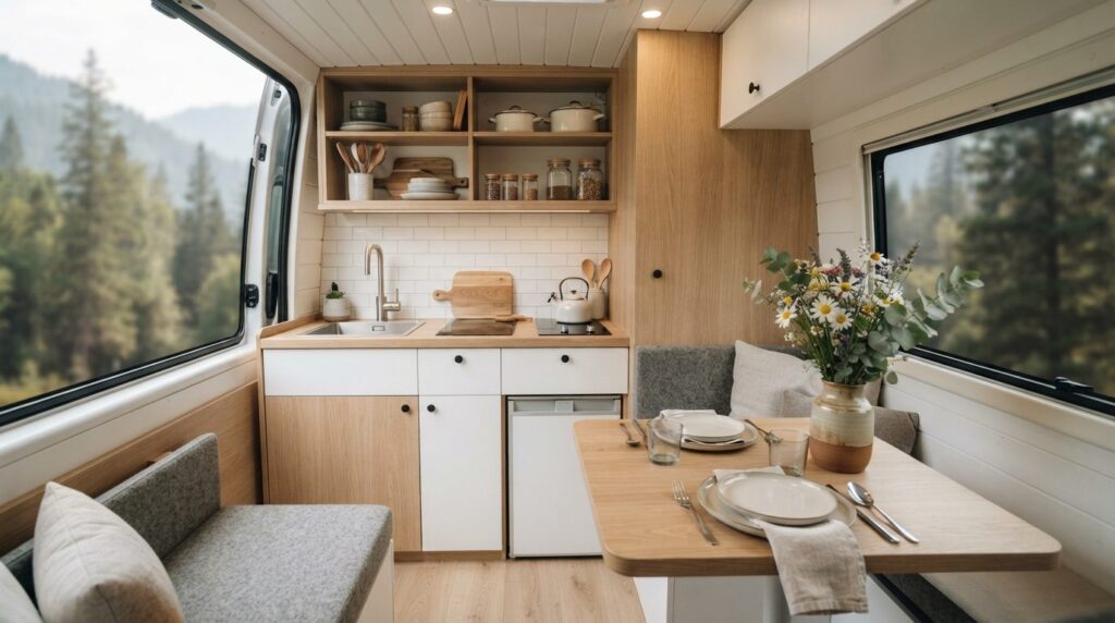 Modern campervan kitchen and dining area with compact but el