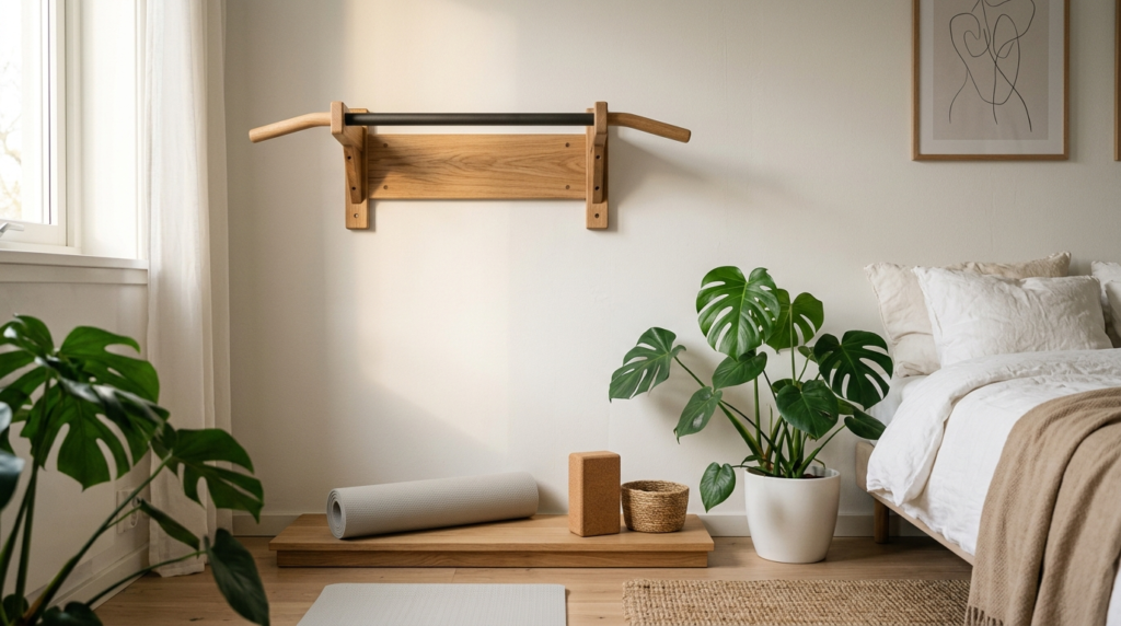 Close-up detail of a modern home gym corner in a Scandinavia