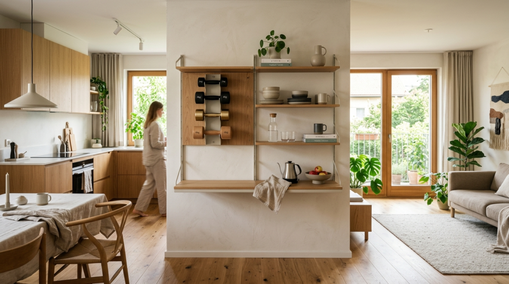 Bright Scandinavian kitchen-living space showing a conscious