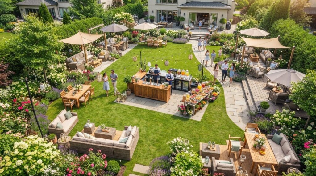 Wide overhead view of a well-organized backyard entertainmen