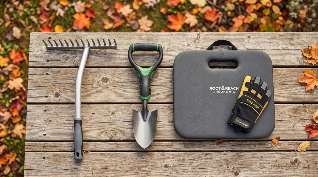 Overhead view of ergonomic gardening tools laid out on a woo