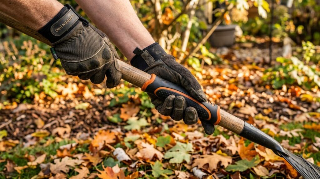 Close-up of a gardeners hands wearing supportive gloves gri